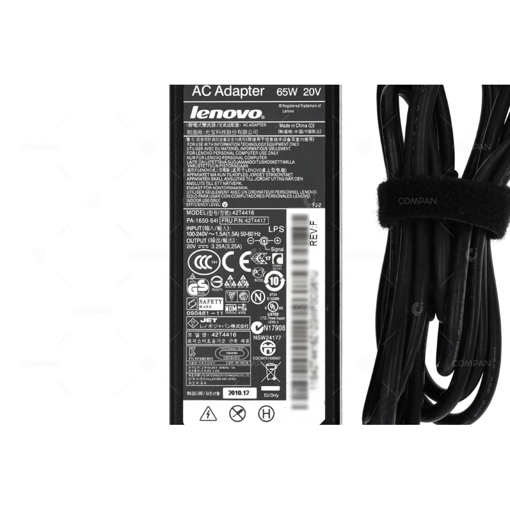 42T4417 LENOVO AC ADAPTER 65W 20V 3.25A FOR LAPTOPS THINKPAD SERIES 42T4416, PA-1650-54I